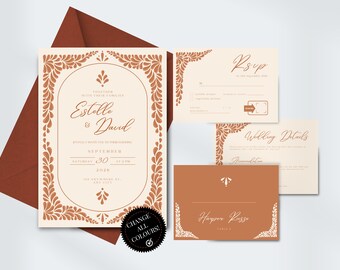 Puede incluir: Conjunto de invitaciones de boda con fondo crema y borde floral naranja. La invitación presenta los nombres Estelle y David, la fecha 30 de septiembre de 2026 y la hora 4:12 PM. La tarjeta RSVP incluye un espacio para que los invitados indiquen su asistencia y una sección para los detalles de la boda. El sobre presenta el nombre Harper Russe y el texto "Mesa 4".