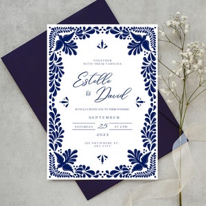 Customizable Mexican Wedding Invitation & Save the Date in Blue Talavera Design. Spanish and English version. DIY in Canva. Instant Download