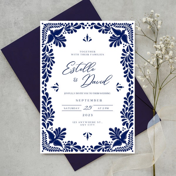 Customizable Mexican Wedding Invitation & Save the Date in Blue Talavera Design. Spanish and English version. DIY in Canva. Instant Download