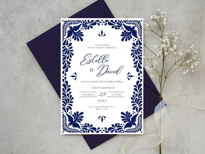 Customizable Mexican Wedding Invitation & Save the Date in Blue Talavera Design. Spanish and English version. DIY in Canva. Instant Download image 1