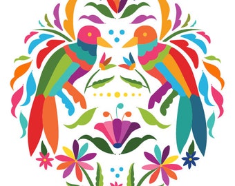 May include: A vibrant, symmetrical design featuring two colorful birds facing each other. The birds are adorned with rainbow-colored feathers and sit amidst a circular arrangement of flowers, leaves, and decorative elements in shades of orange, pink, green, and blue, set against a white background.