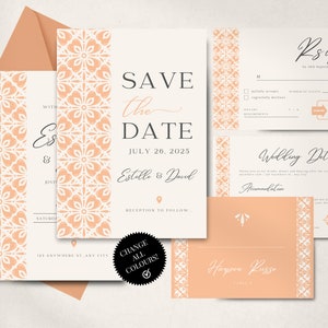 Pacote de modelo de convite de casamento | Sinalização de casamento de azulejos espanhóis, convite, RSVP, detalhes, cartão de lugar | Edição fácil do Canva | Download instantâneo!