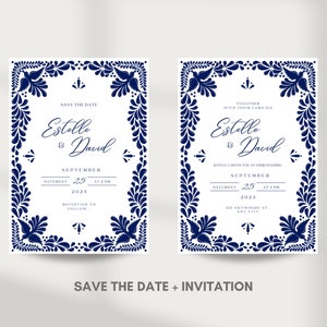 Customizable Mexican Wedding Invitation & Save the Date in Blue Talavera Design. Spanish and English version. DIY in Canva. Instant Download image 2