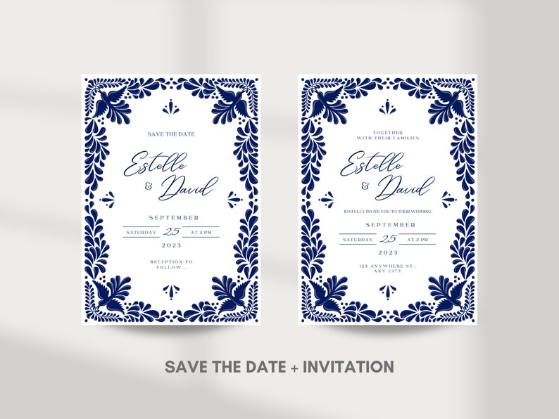 Customizable Mexican Wedding Invitation & Save the Date in Blue Talavera Design. Spanish and English version. DIY in Canva. Instant Download image 2