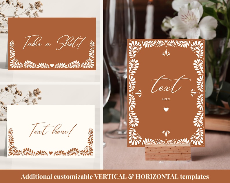 Puede incluir: Dos tarjetas de mesa imprimibles con fondo terracota y dise&ntilde;os florales blancos. Una tarjeta dice "&iexcl;Toma un trago!" y la otra dice "&iexcl;Texto aqu&iacute;!"