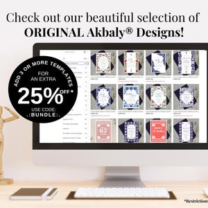 Może przedstawiać: Monitor komputera wyświetla wyb&oacute;r szablon&oacute;w zaproszeń z kwiatowymi i geometrycznymi wzorami. Na ekranie widoczny jest tekst "ORIGINAL Akbaly Designs!" oraz oferta promocyjna 25% z kodem "BUNDLE".