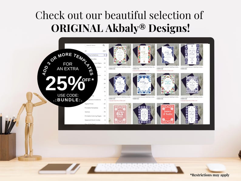Może przedstawiać: Monitor komputera wyświetla wyb&oacute;r szablon&oacute;w zaproszeń z kwiatowymi i geometrycznymi wzorami. Na ekranie widoczny jest tekst "ORIGINAL Akbaly Designs!" oraz oferta promocyjna 25% z kodem "BUNDLE".
