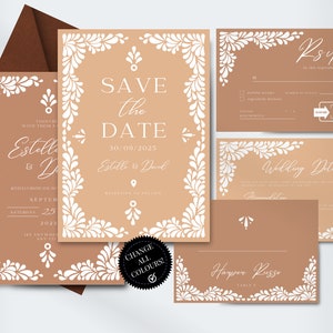 Pacote de modelos de casamento | Convites modernos inspirados em Talavera, RSVP, nota de agradecimento, detalhes e cartão de lugar | CanvaEditar | Download instantâneo