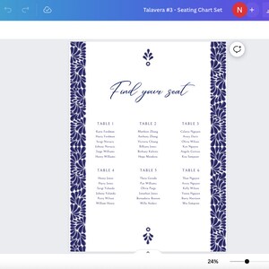 May include: A printable seating chart with a blue floral border and the text "Find your seat". The chart lists tables and names of guests.