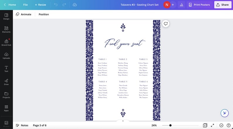 May include: A printable seating chart with a blue floral border and the text "Find your seat". The chart lists tables and names of guests.