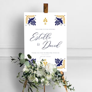 Mexican Talavera Wedding Welcome Sign Template - Blue & Yellow Talavera Birds #1 - Easy to edit with Canva. Instant Download