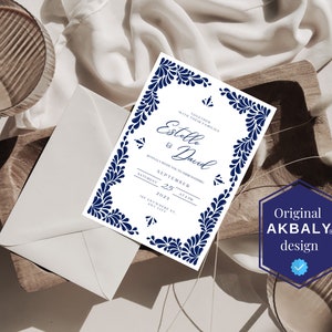 Customizable Mexican Wedding Invitation & Save the Date in Blue Talavera Design. Spanish and English version. DIY in Canva. Instant Download image 3