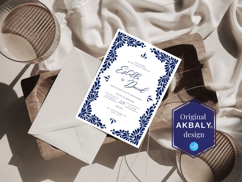 Customizable Mexican Wedding Invitation & Save the Date in Blue Talavera Design. Spanish and English version. DIY in Canva. Instant Download image 3