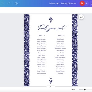 May include: A printable seating chart with a blue floral border. The text "Find your seat" is at the top of the chart. The chart is divided into two columns, labeled "Table 1" and "Table 2". Each column lists the names of guests assigned to each table.