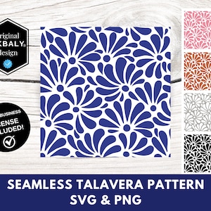 Puede incluir: Patrón de Talavera sin costuras en azul y blanco, con un diseño floral. La imagen incluye una insignia de licencia para pequeñas empresas y el texto "Original AKBALY design". Se muestran variaciones de color adicionales en rosa, marrón, gris y negro.