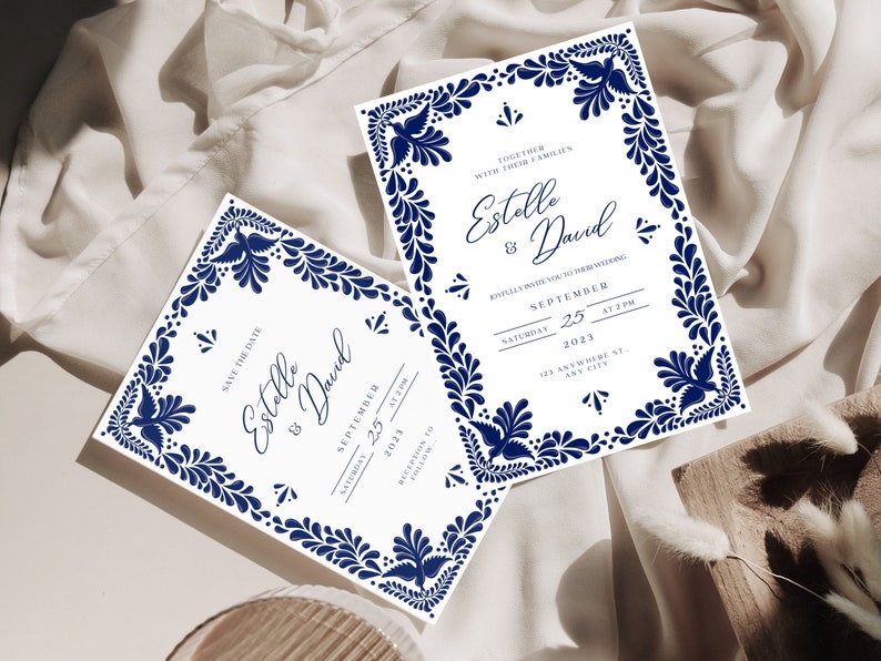 Customizable Mexican Wedding Invitation & Save the Date in Blue Talavera Design. Spanish and English version. DIY in Canva. Instant Download image 4