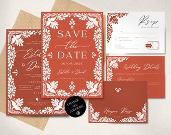 Puede incluir: Invitación de boda "Save the Date" con fondo rojo y diseño floral blanco. El texto dice "Save the Date" con la fecha "30/09/2025" y los nombres "Estolle & David".