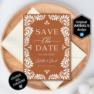 Talavera Bruiloft Save the Date Sjabloon | Rust Talavera Bruiloft Save the Date Kaart | Bruiloft Confetti | Canva Bewerken | Direct downloaden!