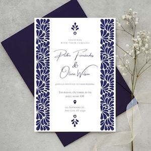 Customizable Mexican Wedding Invitation & Save the Date - Blue Talavera Design #8. Spanish + English version. DIY in Canva. Instant Download