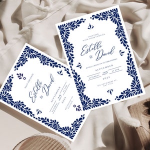 Customizable Mexican Wedding Invitation & Save the Date in Blue Talavera Design. Spanish and English version. DIY in Canva. Instant Download image 4