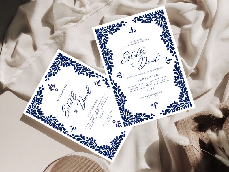 Customizable Mexican Wedding Invitation & Save the Date in Blue Talavera Design. Spanish and English version. DIY in Canva. Instant Download image 4