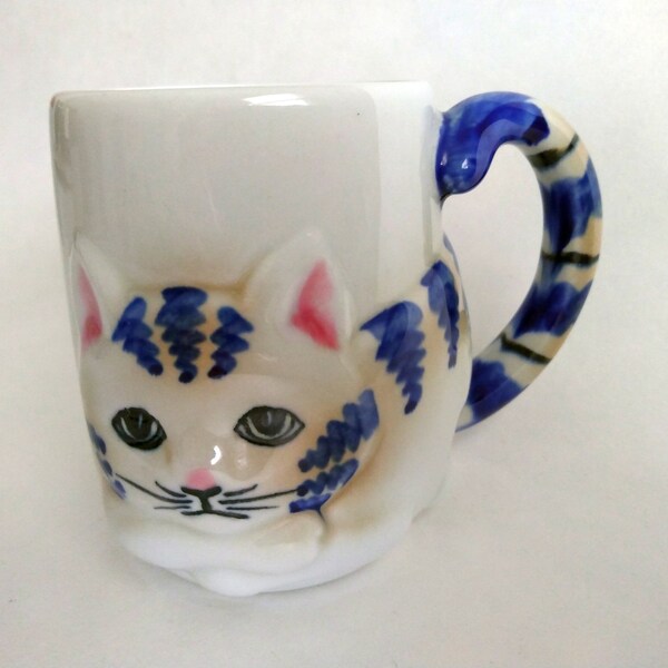 3D Blue Striped Tabby Kitty Cat Ceramic Coffee Mug Tea Cup