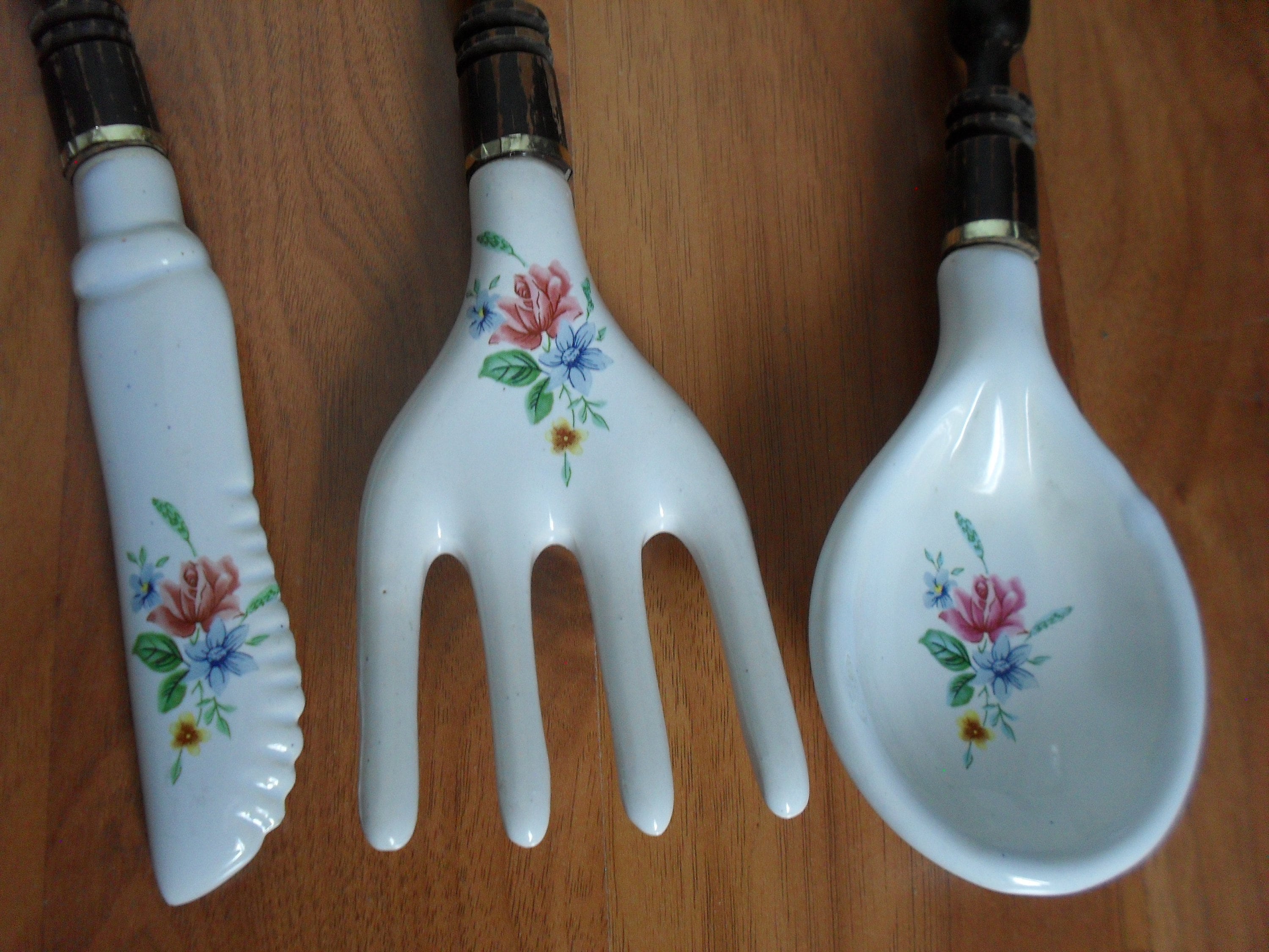 Vintage Porcelain Salad Spoon Fork And Knife With Flowers And Etsy