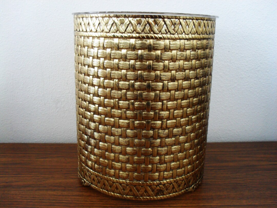 Vintage Ormolu Wastebasket Trashcan Gold Tone Basket Weave Trash Can Vintage MID Waste Can ...