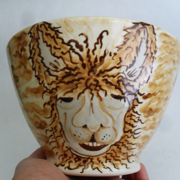 Yarn Bowl  Hand Painted Ceramic / Abstract Lion Head Yarn Bowl