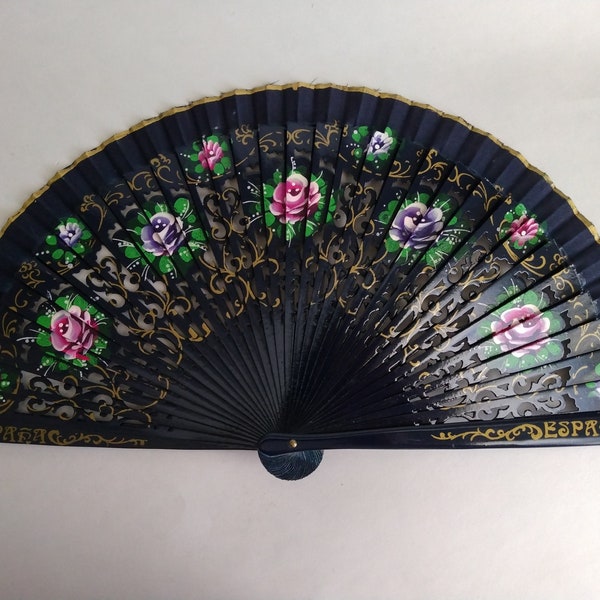 Wood Spanish Fan Hand Painted Flowers Carved  - Souvenir of Spain