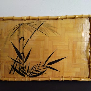 Vintage Hand Painted Bamboo Serving Tray 13" x 9"