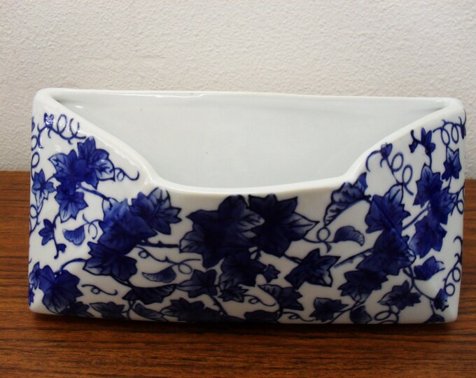 Blue and White Floral Porcelain Envelope Planter, Mail Holder, Napkin