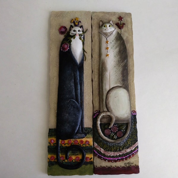 Funky Vintage 3D Wall Hanging Plaques With Anthropomorphic Folk Art Cat Designs by E. Smithson Adorable Cat Artwork