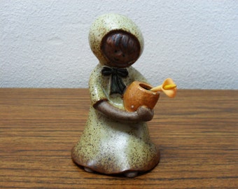 Vintage UCTCI Speckled Stoneware Girl with Pot Figurine Vase Candle Holder