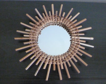 Vintage Bamboo and Rattan Sunburst Mirror Wall Hanging