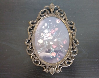 Ornate Brass Frame Floral Picture's Convex Oval Bubble Glass Made In Italy Vintage