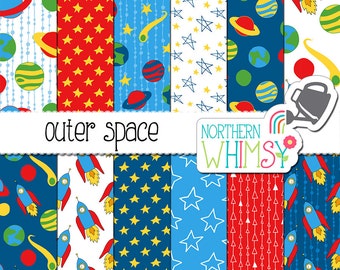 Space Digital Paper - Seamless Planet & Rocket Patterns