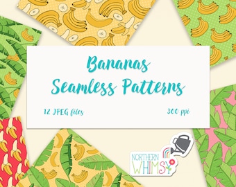 Tropical Bananas Digital Paper - banana and banana leaf seamless patterns