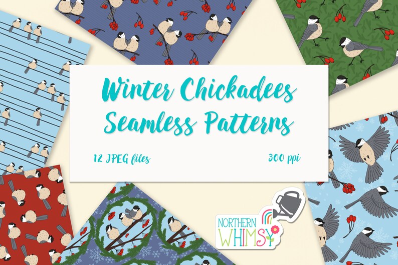 Winter Chickadees Seamless Patterns bird digital papers for crafts image 1