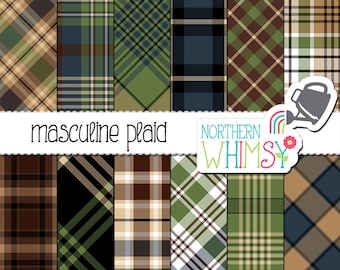 Masculine Digital Paper - Neutral Plaid Patterns in brown, blue, and green