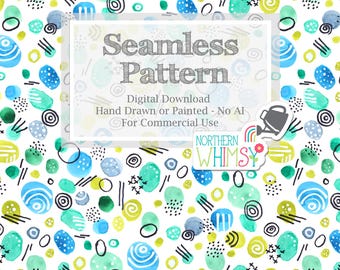 Seamless Pattern for Kids - Fun Abstract Dot Pattern in Green and Blue for Commercial Use - Hand Drawn, no AI