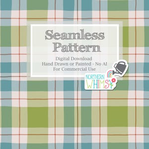 May include: A seamless pattern design featuring a plaid pattern in shades of green, blue, and brown, with thin red lines. The image includes text that reads "Seamless Pattern" and "Digital Download".