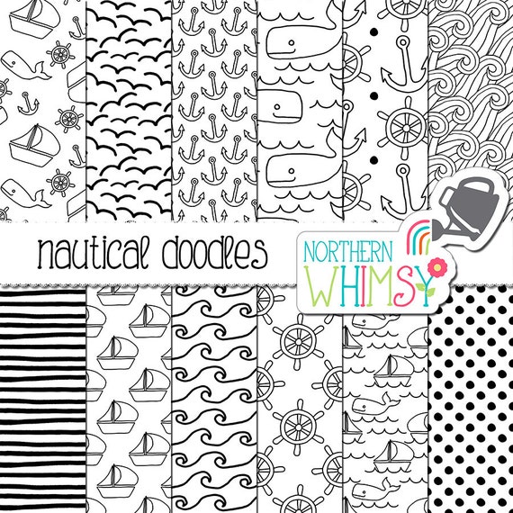 Black and White Nautical Digital Paper doodle ship / boat Etsy
