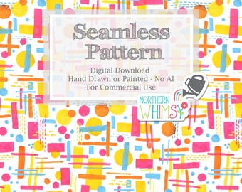Retro 1980's Geometric Seamless Pattern for Commercial Use - Bright Hand Painted Abstract Digital Paper