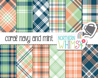 Coral Navy and Mint Digital Paper - plaid patterns