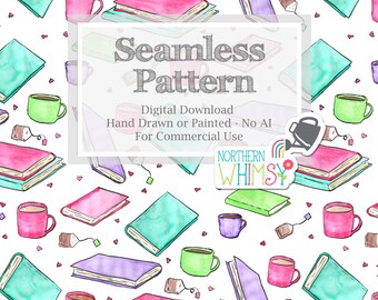 Cozy Bookish Seamless Pattern for Commercial Use - Hand Drawn Book & Tea Pattern