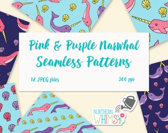 Narwhal Seamless Patterns - Cute pink & purple digital papers