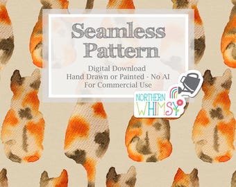 Calico Cat Seamless Pattern for Commercial Use - Watercolor Cats in Orange, Cream & Charcoal