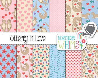 Valentine's Digital Paper - Otterly In Love - heart and otter seamless patterns