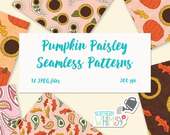 Autumn Seamless Patterns - Pumpkin & Sunflower Paisley Digital Paper